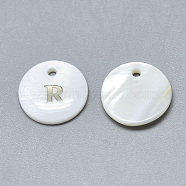 Natural White Shell Mother of Pearl Shell Charms, with Iron Sticker, Flat Round with Letter, Letter.R, 13x2mm, Hole: 1.5mm(X-SSHEL-N036-053R)