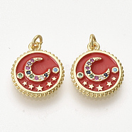 Golden Plated Brass Micro Pave Cubic Zirconia Pendants, with Enamel and Jump Rings, Flat Round with Moon, Red, 16.5x14x2.5mm, Hole: 2mm(ZIRC-T012-40G-A)