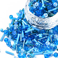 Glass Seed Beads, Mixed Style, Mixed Shapes, Dodger Blue, 1~7x2~4mm, Hole: 0.7~1mm, about 450g/pound(SEED-S059-004)