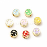 Rack Plating Alloy Enamel Beads, Cadmium Free & Nickel Free & Lead Free, Flat Round with Smiling Face Pattern, Light Gold, Mixed Color, 7.5x4mm, Hole: 2mm(FIND-G051-01LG)