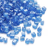 6/0 Glass Seed Beads, Transparent Colours Luster, Square Hole, Cube, Dodger Blue, 3~5x3~4x3~4mm, Hole: 1.2~1.4mm, about 1000pcs/100g(SEED-YW0001-25I)