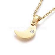304 Stainless Steel Pendant Necklaces, with Crystal Rhinestone, with Cable Chains and Lobster Claw Clasps, Moon, Golden, 17.6 inch(44.8cm), 1.5mm(NJEW-F275-08G)