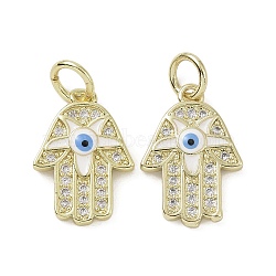 Real 18K Gold Plated Brass Micro Pave Cubic Zirconia Pendants, with Enamel and Jump Ring, Hamsa Hand with Evil Eye Charms, Colorful, 17x12x2.5mm, Hole: 4mm(KK-L209-078G-02)
