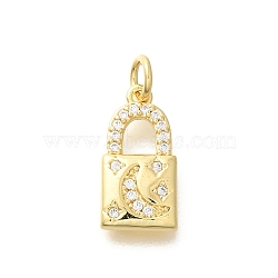 Rack Plating Brass Micro Pave Cubic Zirconia Pendants, Cadmium Free & Lead Free, Long-Lasting Plated, Lock Charms, with Jump Ring, Real 18K Gold Plated, 16x8.5x2.3mm, jump ring: 5x0.9mm, inner diameter: 3mm(KK-M296-18G)