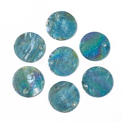 AB Color Plated Capiz Shell Pendants, Dyed, Flat Round, Dark Turquoise, 24~25x1~2mm, Hole: 1.5mm(SSHEL-T008-01A)