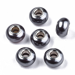Imitation Pearl Style Resin European Beads, Large Hole Rondelle Beads, with Silver Tone Brass Double Cores, Dark Gray, 14x9mm, Hole: 5mm(RPDL-T003-001A)