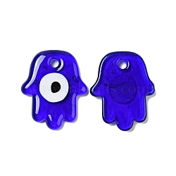 Handmade Lampwork Pendants, Hamsa Hand/Hand of Miriam with Evil Eye, Blue, 34.5~35x28.5~29x4.5~5mm, Hole: 3.5mm(LAMP-E027-01G)