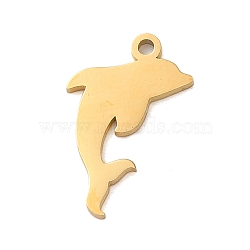 304 Stainless Steel Charms, Laser Cut, Dolphin Charm, Real 18K Gold Plated, 15x8x1mm, Hole: 1.2mm(STAS-S138-01G-03)