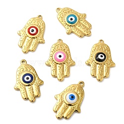 304 Stainless Steel Enamel Pendants, Real 18K Gold Plated, Hamsa Hand with Evil Eye Charm, Mixed Color, 29x19x4.5mm, Hole: 1.8mm(STAS-D011-07G)