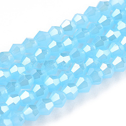 Imitation Jade Electroplate Glass Beads Strands, Pearl Luster Plated, Faceted, Bicone, Light Sky Blue, 2.9~3.3x2.5mm, Hole: 0.7mm, about 145~150pcs/strand, 16.34~16.54 inch(41.5~42cm)(EGLA-A039-J2mm-A03)