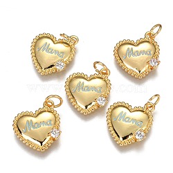 Brass Micro Pave Clear Cubic Zirconia Charms, Long-Lasting Plated, with Jump Rings and Enamel, for Mother's Day, Heart with Word Mama, Real 18K Gold Plated, Sky Blue, 14.8x13.5x2.6mm, Hole: 3mm, jump ring: 5x0.8mm.(ZIRC-B002-36G-C)