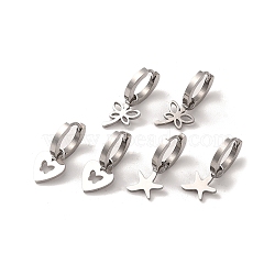 Non-Tarnish 3 Pairs 3 Styles 304 Stainless Steel Hoop Dangle Earrings for Women, Heart & Starfish & Dragonfly, Stainless Steel Color, 22.5~23.5x10mm, 1 pair/style(EJEW-K279-09C-P)