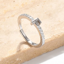 S925 Sterling Silver Adjustable Letter Rings for Women, with Micro Pave Cubic Zirconia, Letter F, 2mm,US Size 5 1/2(16.1mm), Letter: 5x4mm(RJEW-M068-01P-F)