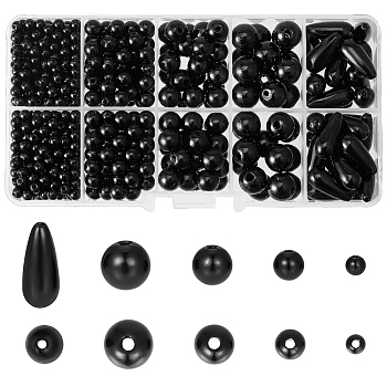 Elite 5 Style ABS Plastic Imitation Pearl Beads, Round & Teardrop, Black, 4~17x4~7.5x4~7.5mm, Hole: 1.6~2.3mm, 739pcs/box