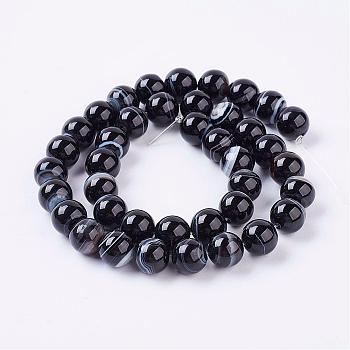 Natural Black Agate Beads Strands, Dyed, Stripe Round, 4mm, Hole: 1mm, about 94pcs/strand, 14.9 inch