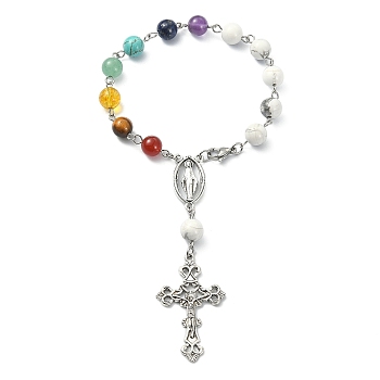 Natural Howlite & Mixed Gemstone Rosary Bead Bracelet, Alloy Cross & Virgin Mary Charm Bracelet for Women, 7-1/4 inch(18.5cm)