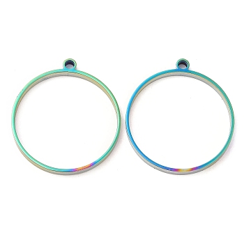 304 Stainless Steel Open Back Bezel Flat Round Pendants, For DIY UV Resin, Epoxy Resin, Pressed Flower Jewelry, Rainbow Color, 33x30x3mm, Hole: 2.2mm, Inner Diameter: 27.8mm