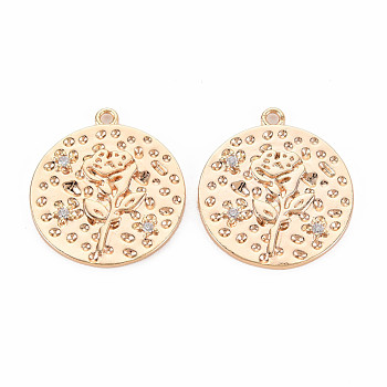 Brass Micro Pave Clear Cubic Zirconia Pendants, Nickel Free, Flat Round with Rose, Real 18K Gold Plated, 22x20x2mm, Hole: 1.5mm
