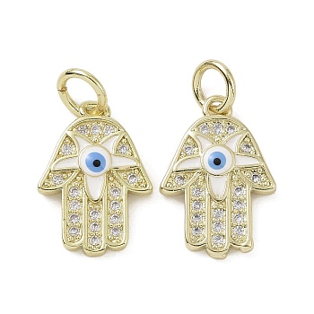 Real 18K Gold Plated Brass Micro Pave Cubic Zirconia Pendants, with Enamel and Jump Ring, Hamsa Hand with Evil Eye Charms, Colorful, 17x12x2.5mm, Hole: 4mm