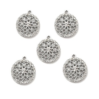 Alloy Rhinestone Pendants, Platinum Tone Hollow Out Flat Round with Flower Charms, Crystal, 22.5x19.5x5mm, Hole: 2mm