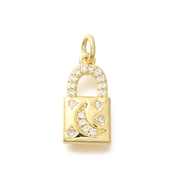 Rack Plating Brass Micro Pave Cubic Zirconia Pendants, Cadmium Free & Lead Free, Long-Lasting Plated, Lock Charms, with Jump Ring, Real 18K Gold Plated, 16x8.5x2.3mm, jump ring: 5x0.9mm, inner diameter: 3mm