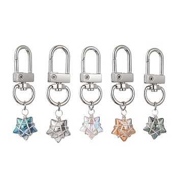 Copper Wire Wrapped Electroplated Glass Star Pendant Decoration, with Alloy Swivel Clasps, Platinum, 50mm