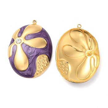 Enamel Pendants, with 304 Stainless Steel Rhinestone Finding, Real 18K Gold Plated, Oval with Flower Charm, Purple, 34x23.5x5.3mm, Hole: 1.4mm