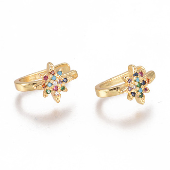 Golden Plated Brass Micro Pave Cubic Zirconia Cuff Earrings, Long-Lasting Plated, Star, Colorful, 13x11x2mm