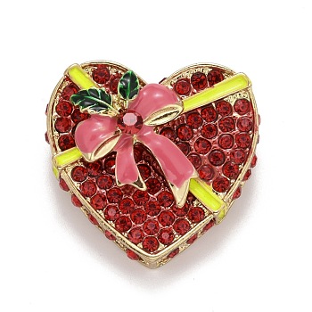 Red Heart Christmas Gift Box Enamel Pin with Rhinestone, Alloy Badge for Backpack Clothes, Golden, 33x34.5x16mm