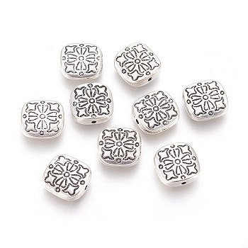 Tibetan Style Alloy Beads, Cadmium Free & Nickel Free & Lead Free, Square with Flower, Antique Silver, 10.5x10.5x3.5mm, Hole: 1.5mm