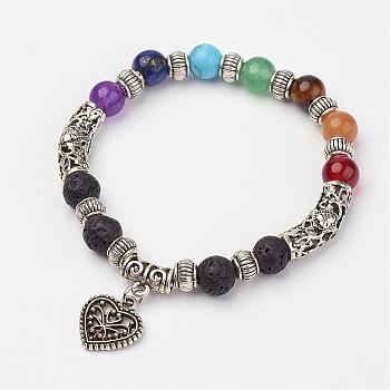 Gemstone Beaded Stretch Bracelets, Charm Bracelets, with Alloy Findings, Colorful, 2 inch(53mm)