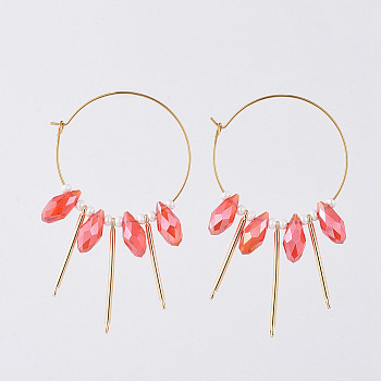 316L Surgical Stainless Steel Hoop Earring, with teardrop, Glass Beads, Round Glass Seed Beads and Brass Bar Links, Golden, Red, 64mm, Pin: 0.7mm