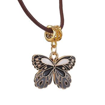 Alloy Enamel Butterfly Pendant Necklaces, with Cowhide Leather Cord, Black, 19.61~19.80 inch(49.8~50.3cm)