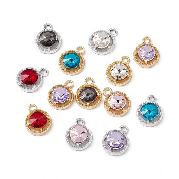 Glass Pendants, with Alloy Findings, Flat Round Charm, Mixed Color, 16x12x6mm, Hole: 2mm