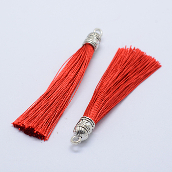 Nylon Tassels Big Pendant Decorations, with Antique Silver Alloy Findings, Red, 55~67x7mm, Hole: 2mm