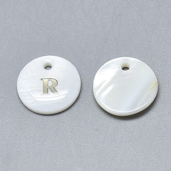 Natural White Shell Mother of Pearl Shell Charms, with Iron Sticker, Flat Round with Letter, Letter.R, 13x2mm, Hole: 1.5mm