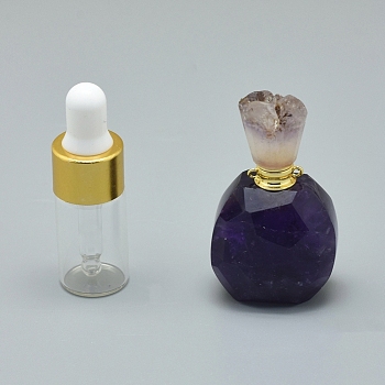 Natural Amethyst Openable Perfume Bottle Pendants, with Brass Findings and Glass Essential Oil Bottles, 39~50x26~29x16~21mm, Hole: 1.2mm, Glass Bottle Capacity: 3ml(0.101 fl. oz), Gemstone Capacity: 1ml(0.03 fl. oz)