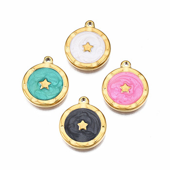 304 Stainless Steel Pendants, with Enamel, Flat Round with Star, Golden, Mixed Color, 18x15x2.5mm, Hole: 1.4mm