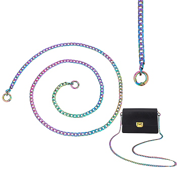 WADORN 1Pc Zinc Alloy Curb Chain Bag Handle, with Spring Gate Ring, Rainbow Color, 118x0.75cm
