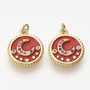 Golden Plated Brass Micro Pave Cubic Zirconia Pendants, with Enamel and Jump Rings, Flat Round with Moon, Red, 16.5x14x2.5mm, Hole: 2mm