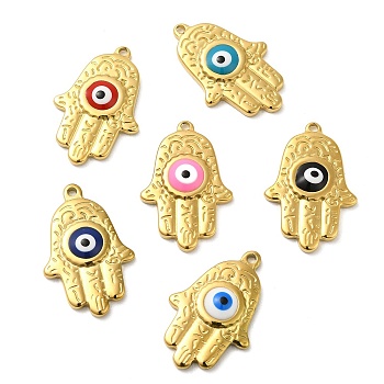 304 Stainless Steel Enamel Pendants, Real 18K Gold Plated, Hamsa Hand with Evil Eye Charm, Mixed Color, 29x19x4.5mm, Hole: 1.8mm