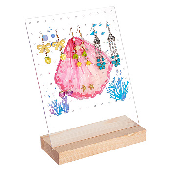 Transparent Acrylic Earring Displays, Earring Stud Organizer Holder with Wooden Pedestal, Rectangle, Hot Pink, Shell Pattern, Finish Product: 18.1x20x26cm, about 2pcs/set