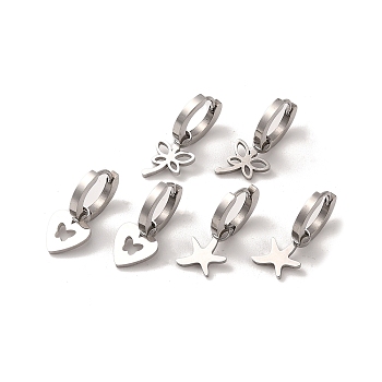 3 Pairs 3 Styles 304 Stainless Steel Hoop Dangle Earrings for Women, Heart & Starfish & Dragonfly, Stainless Steel Color, 22.5~23.5x10mm, 1 pair/style