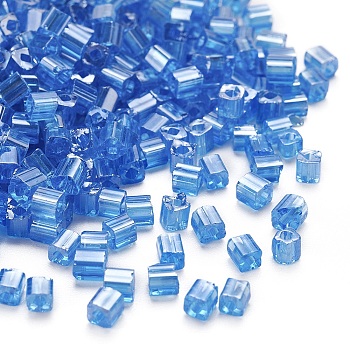 6/0 Glass Seed Beads, Transparent Colours Luster, Square Hole, Cube, Dodger Blue, 3~5x3~4x3~4mm, Hole: 1.2~1.4mm, about 1000pcs/100g