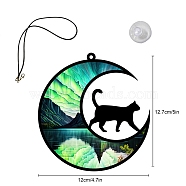 Acrylic Stained Moon Cat Hanging Ornament, for Window Decorations, with Rope and Suction Cup, Mountain, 127x120mm(PW-WG58196-06)
