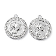 Brass Micro Pave Clear Cubic Zirconia Pendants, Flat Round with Women Charm, Real Platinum Plated, 22x19.5x3mm, Hole: 1.8mm(KK-F871-40P)