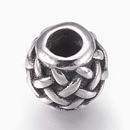 316 Surgical Stainless Steel European Beads, Large Hole Beads, Barrel with Weave Pattern, Antique Silver, 10x9.5mm, Hole: 4mm(STAS-O097-78AS)