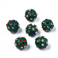 Polymer Clay Rhinestone Beads, Pave Disco Ball Beads, Round, Dark Green, PP15(2.1~2.2mm), 9~10.5x9mm, Hole: 1.2mm(RB-T017-31D-A)