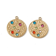 Vacuum Plating 201 Stainless Steel Pendants, Colorful Rhinestone Flat Round Charms, Real 18K Gold Plated, 17.5x15.5x2mm, Hole: 1.5mm(STAS-J401-VC795)