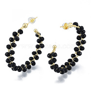 Brass Wrapped Black Glass Bead Stud Earrings for Women, Nickel Free, Real 18K Gold Plated, 41x40x8.5mm, Pin: 0.7mm(EJEW-N011-101)